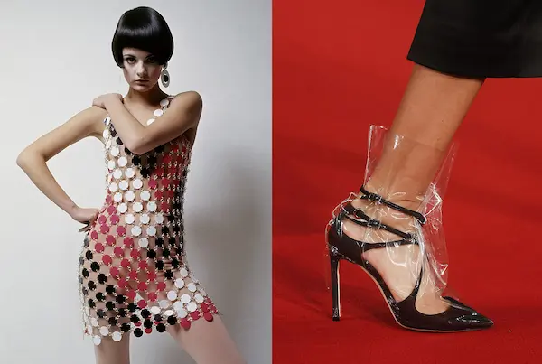 modelo con ropa de plastico y zapatos en tacon